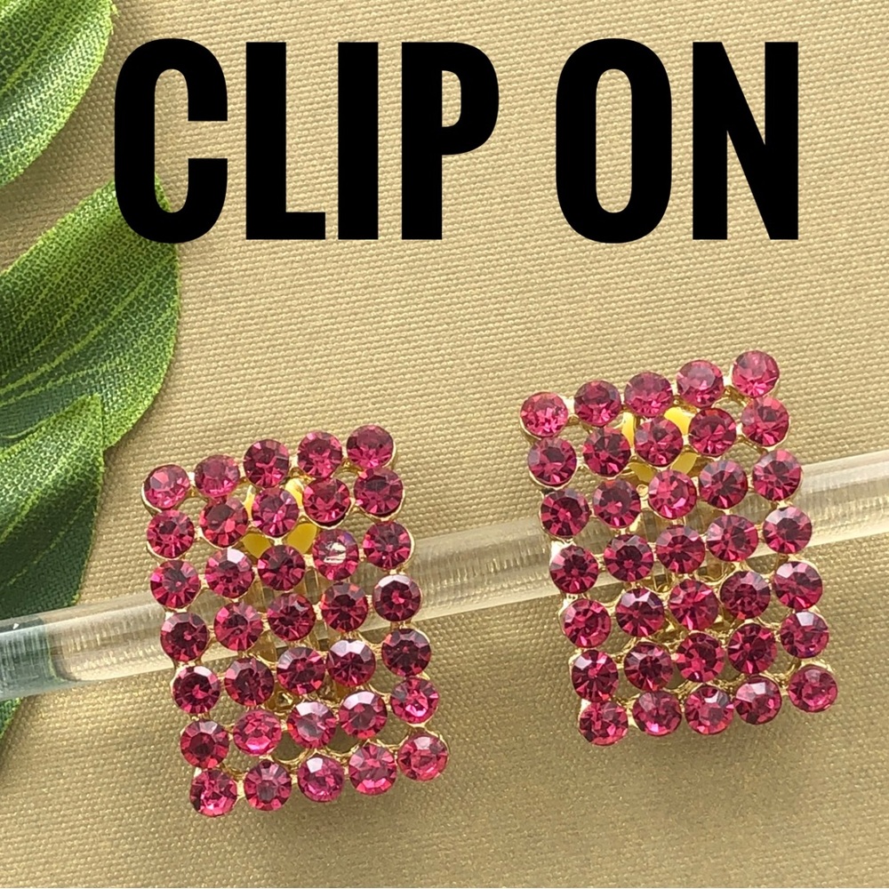 Dark Pink Rhinestone Gold Formal Clip On Earrings